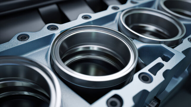 Engine cylinder block close up with shiny metal piston sleeves in mechanical assembly, showing detailed industrial design and precision