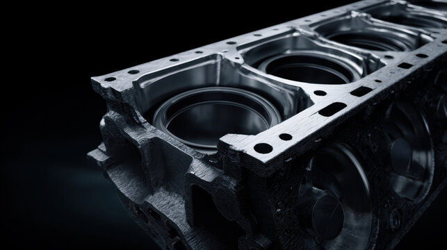 Engine block close up showing metal pistons and cylinder chambers in dark setting, highlighting mechanical details and texture