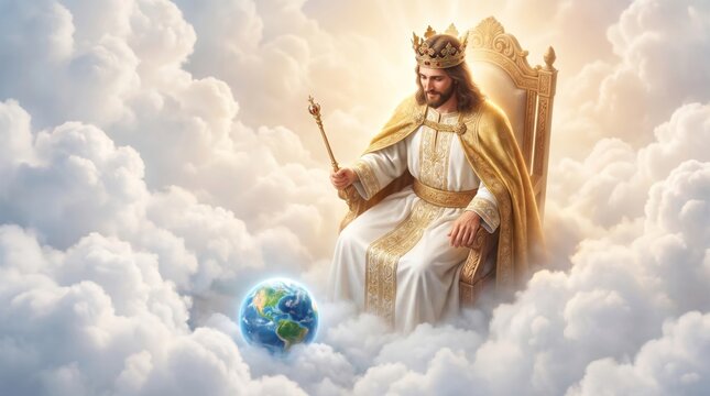 Jesus Christ sitting on a heavenly throne with a crown and scepter above the earth. Religious concept of God as king of the world in the clouds. Christian spiritual worship art.