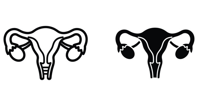 Female reproductive system icons showing uterus ovaries and fallopian tubes in outline and solid black silhouette styles for medical design
