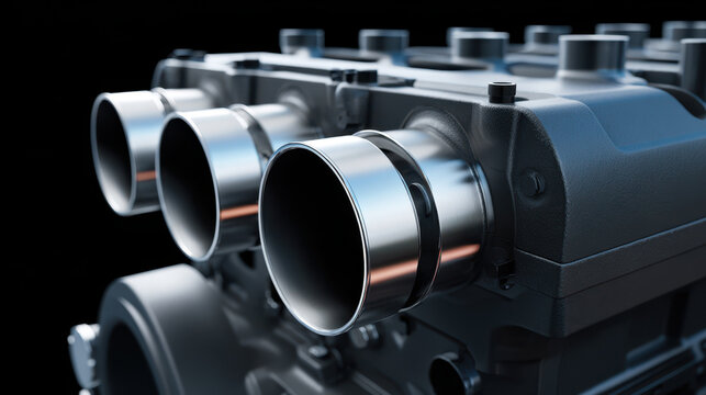 Close up view of metallic engine intake system with shiny silver throttle bodies and dark mechanical components, showing detailed texture