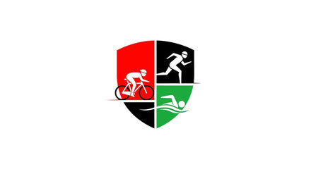 Obraz premium Triathlon Symbol: Cyclist, Runner And Swimmer In A Shield Shape Illustrating The Sport