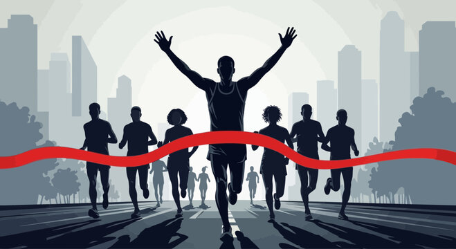 Triumph At Finish Line: A Vector Illustration Of Race Runners And City Silhouette