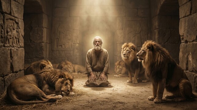Daniel praying inside lion den. Biblical prophet kneeling surrounded by wild lions in stone chamber under divine light. Spiritual scene representing faith and courage in religious art.