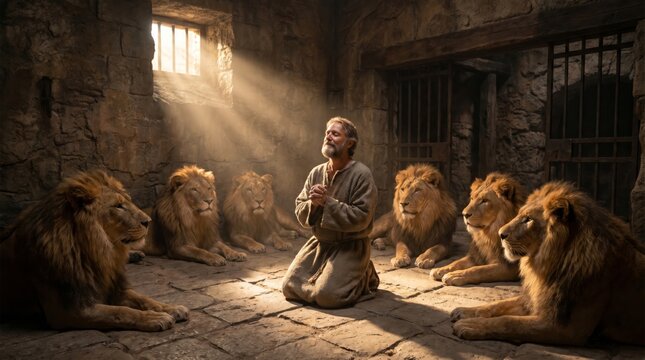 Man praying in a lion den. Daniel from Bible kneeling among lions in a dungeon stone prison. Religious scene depicting faith and divine protection. Dramatic cinematic lighting concept.