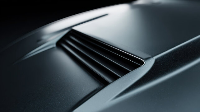 Matte black car hood with sharp vent detail in extreme close up, showing sleek and modern automotive design with smooth surface and subtle texture