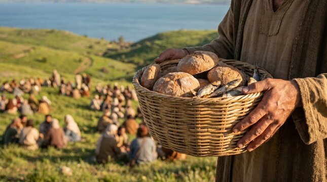 Jesus holding a woven basket with loaves of bread and fish. Miraculous feeding of the multitude in a biblical landscape. Christian religious scene representing abundance and divine miracle.