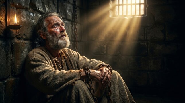 Jesus sitting in a dark stone dungeon cell with chains on his wrists. Biblical scene of suffering, prayer, and faith. Religious concept of sacrifice and redemption for Christian Easter art.
