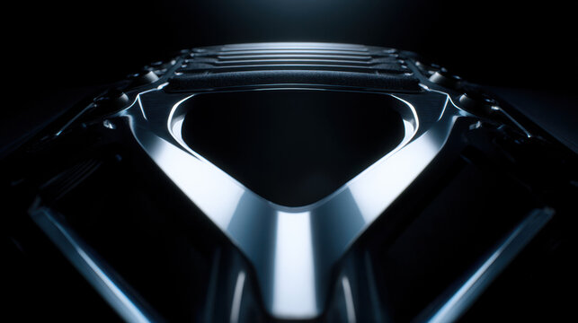 Glossy metallic engine cover with sleek design and dark background, highlighting modern automotive technology and power