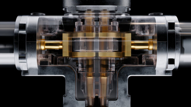Cross section view of mechanical coupling showing internal brass and steel components with transparent housing and metal pipes