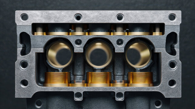 Front cross section view looking directly into open engine cylinder block showing piston chambers and valve seats with metallic texture