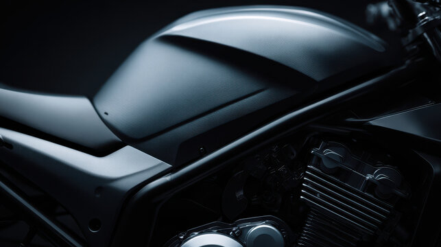 Motorcycle fuel tank and engine close up with dark matte finish and sleek design, showcasing mechanical details and modern style