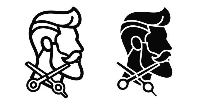 Barber shop logo icon featuring man with beard mustache and scissors for hair salon grooming services male styling professional haircutting