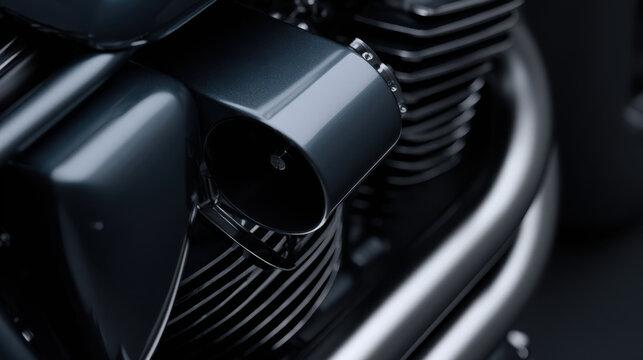 Macro shot of smooth dark painted exterior part of motorcycle engine with metal pipes and cooling fins, detailed and sleek design