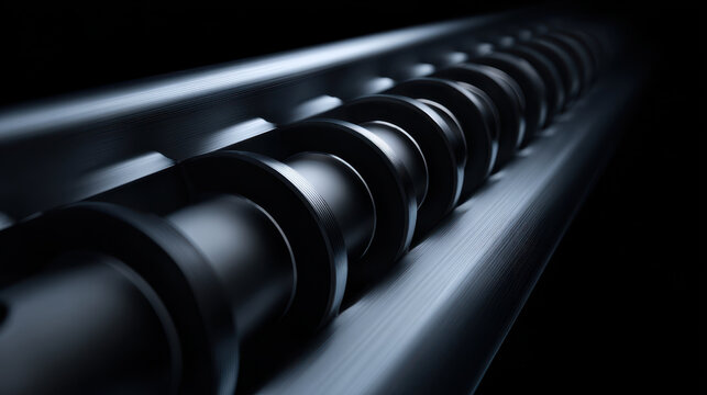 Macro shot of smooth dark painted exterior transitioning in mechanical spiral design with metallic texture and soft lighting creating sleek effect