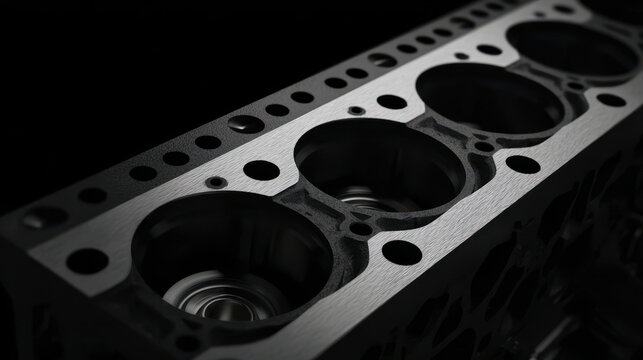Engine cylinder block close up with metal surface and circular chambers, detailed mechanical part with dark background and sharp focus