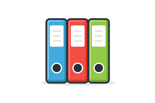 Vector illustration of three colorful ring binder folders in blue, red, and green for office organization, document storage, and archive management, isolated on white background, business icon set.