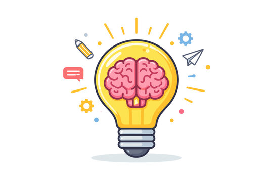 Creative idea concept with a pink brain inside a glowing yellow light bulb. Flat vector illustration for brainstorming, innovation, intelligence, problem solving, and mental process inspiration.