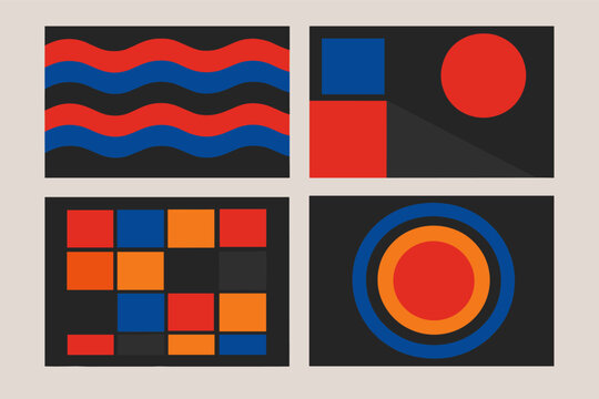 Set of four minimalist abstract vector posters with bold geometric designs, featuring vibrant red, blue, and orange shapes like wavy lines, concentric circles, and grids on dark backgrounds.