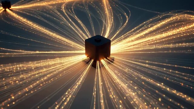 Abstract glowing lines emanating from cube for creative digital media and web design