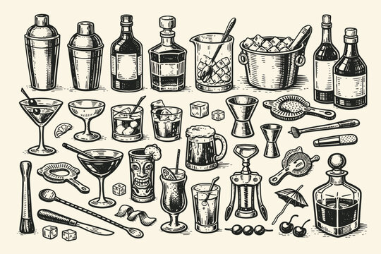 Vintage Hand-Drawn Bar Collection Featuring Cocktails, Shakers, Glasses, Bottles, and Barware Elements; Engraving Style Illustration of Alcohol Mixology Tools, Equipment, and Drinks for Menu Design