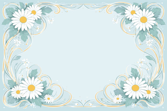 Elegant Art Nouveau style Mother's Day invitation card background featuring white daisy flowers and decorative swirls on a soft blue backdrop, floral frame for greeting cards and wedding invites.