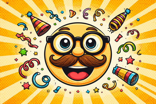 Retro Halftone Illustration of a Smiling Face with Mustache and Glasses for April Fools' Day Celebration, Featuring Colorful Confetti, Party Hats, and Streamers on a Vibrant Sunburst Background