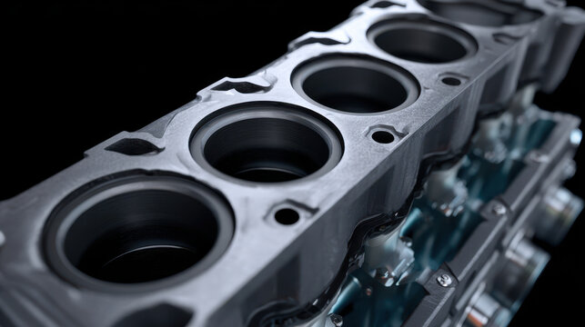 Engine cylinder block close up showing metal surface and round cylinder holes in mechanical part with dark background