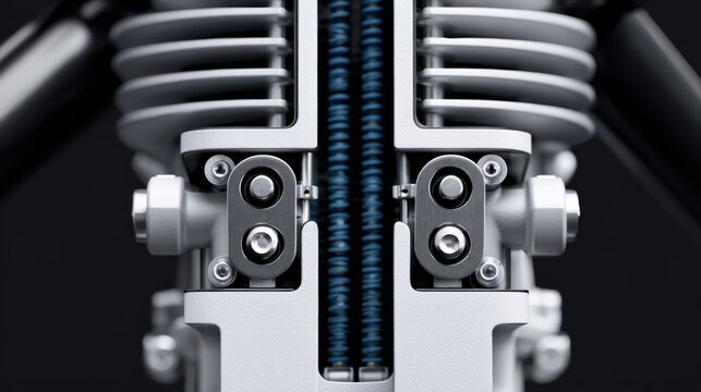Motorcycle engine close up showing metallic parts and blue coil springs with detailed mechanical components in sharp focus