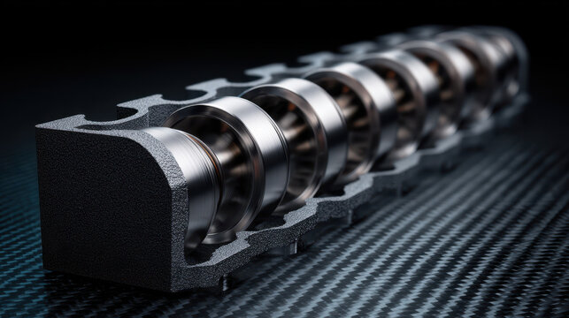 Close up of metallic camshaft with polished lobes resting on carbon fiber surface, showcasing mechanical precision and engineering design