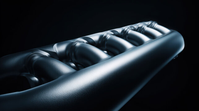 Metal pipe with smooth curves and shiny surface in dark background, reflecting light with sleek and modern look