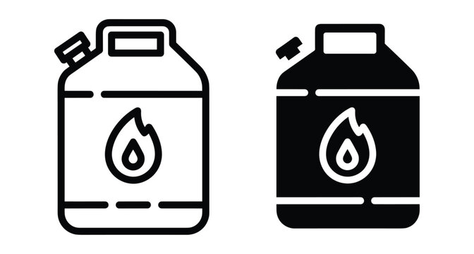 Fuel canister icon set showing jerrycan with flame symbol for gasoline petrol diesel oil storage and transportation in outline and solid styles