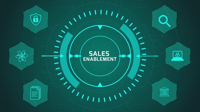 Sales Enablement Strategy Interface with Circular Digital System and Performance Icons on Dark Technology Background Representing Revenue Support and Tools