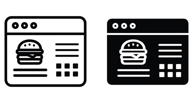 Online food ordering website interface icon set showing burger menu on browser window for digital delivery service and restaurant application