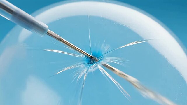 Needle piercing bubble creating cracks symbolizing innovation and digital transformation