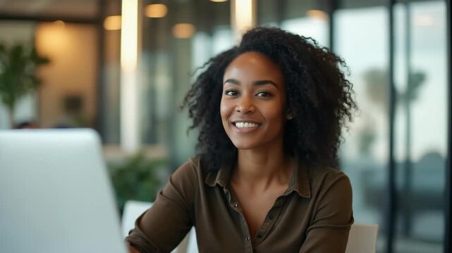 Successful happy african american business woman, startup coworker or software programmer engineer.