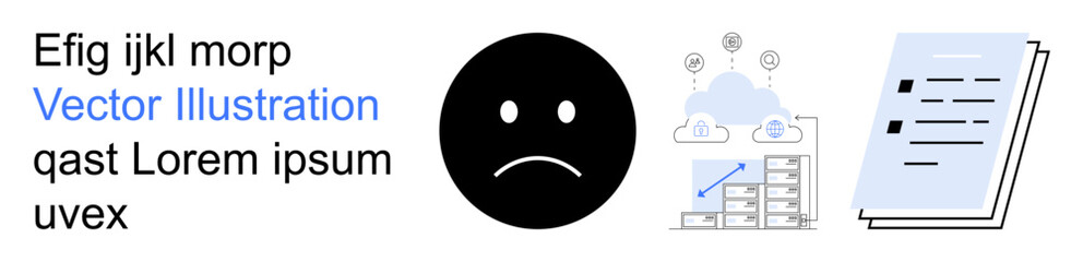 Fototapeta premium Data management, cloud computing, emotions, workflow, digital data, efficiency. A sad face symbol, cloud storage with graphs and documents. Data management and cloud computing concept