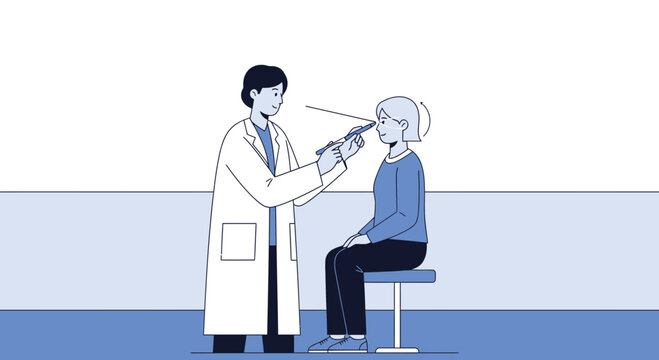 Doctor examining patient's eye with ophthalmoscope in clinic