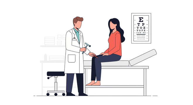 Doctor examining patient's knee reflex with reflex hammer in clinic examination room