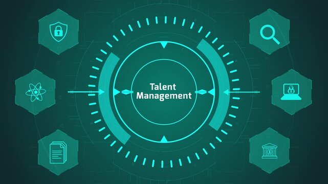 Talent Management Strategy Interface with Circular Digital System and Workforce Icons on Dark Technology Background Representing Employee Development and Retention