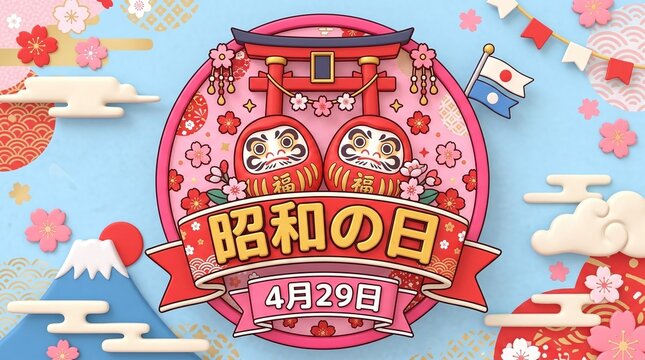 Showa Day Japan celebration with daruma dolls and cherry blossoms