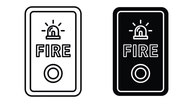 Fire alarm button icon set with siren symbol and text for emergency safety warning system in outline and solid style