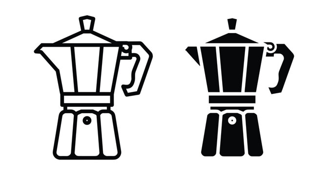 Moka pot icon set featuring stovetop espresso maker in outline and solid black silhouette styles for coffee shop menu design