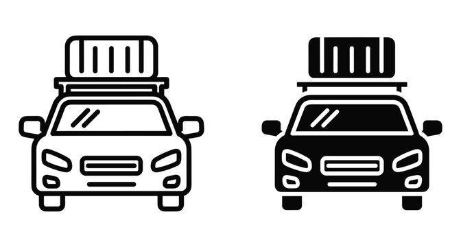 Car with roof rack and luggage box icon set front view for travel road trip vacation transportation and cargo transport