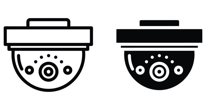 Security dome camera icon set with outline and solid black versions for surveillance monitoring safety protection and private property control