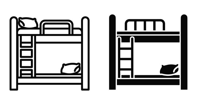 Bunk bed icon set featuring outline and solid silhouette designs for bedroom furniture hostel dormitory kids room and interior layout