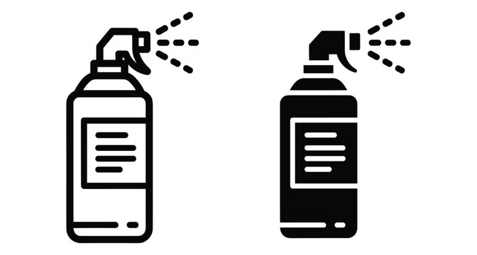 Spray bottle icon set featuring aerosol can with mist effect for cleaning hygiene disinfection and industrial maintenance or cosmetic use