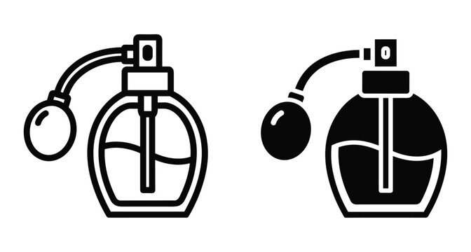 Perfume bottle icon set with atomizer bulb fragrance spray glass container cosmetic beauty product scent dispenser line art solid glyph