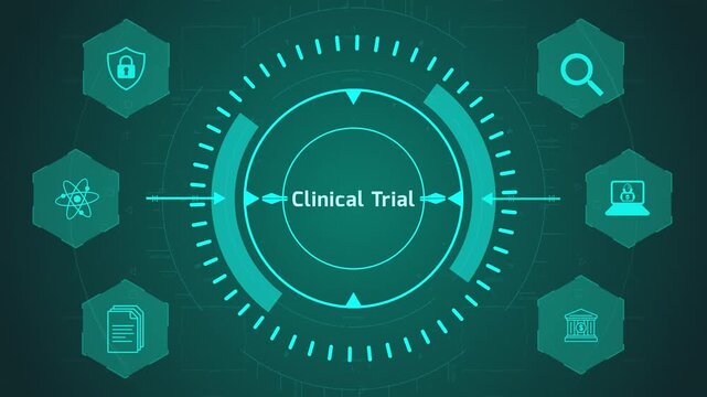 Clinical Trial Research Interface with Circular Digital System and Healthcare Icons on Dark Technology Background Representing Medical Study and Testing Process