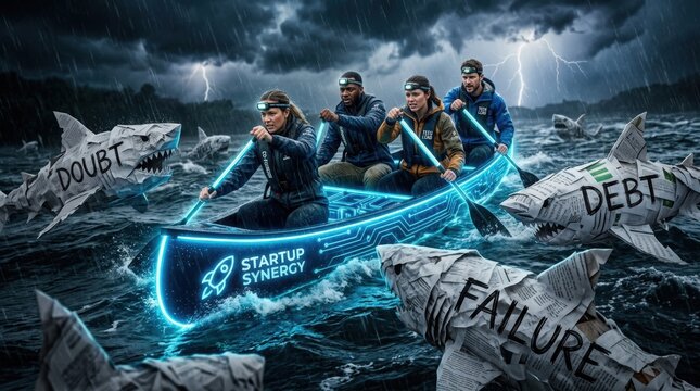 Symbolic startup team rowing glowing digital canoe through stormy waters with paper sharks